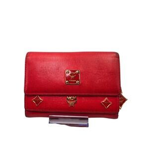 MCM Red Leather Bi-Fold Wallet Gold Tone Logo Hardware Charm‎